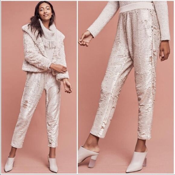 Anthropologie Hei Hei Cream Gold Sequin Pant Large Holiday NYE Pull On Bottom - Picture 1 of 7
